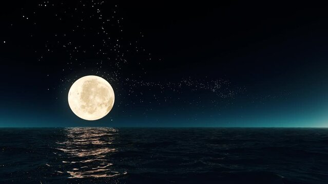 The full moon at night is reflected in the water. Moonlight reflects brightly into the sea. A clear, large, distinct moon shines over the ocean in a beautiful nighttime landscape.