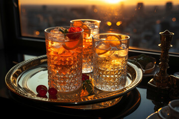 Distinct cocktails, beautifully presented on a tray and illuminated by the shimmering sunlight.