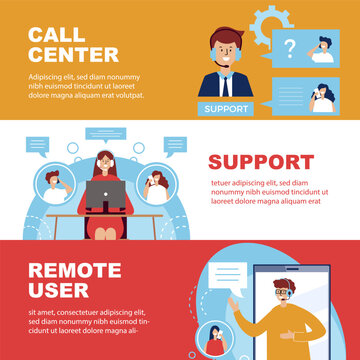 Call center. banners with distance support operators in call center
