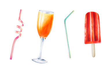 Watercolor set of illustrations of straws for cocktail, glass goblet with orange cocktail and ice cream isolated on white background. Hand painted tube for cocktails. For designers, spa decoration