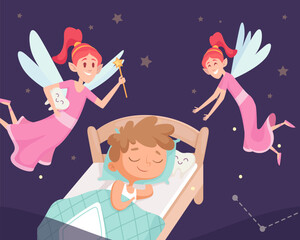 Tooth fairy. Fantasy female characters with wings brought a gift to sleeping kid