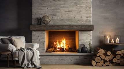 photo of a cozy fireplace with stonewall - obrazy, fototapety, plakaty