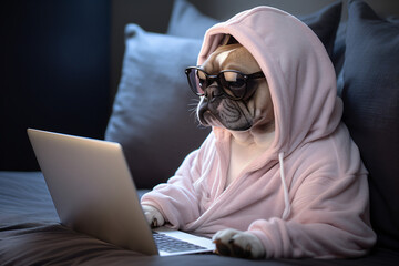 Cute French Bulldog Working on laptop wearing Glasses and a pajamas . The Pajama Powerhouse: Cute French Bulldog in Glasses and Pajamas Taking on Work.  Generative Ai 