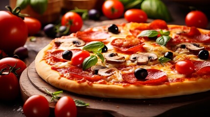 pizza with sausage and vegetables. street fast food, takeaway food banner with copy space. illustration poster with a place for signatures. Caloric nutrition, Generative AI