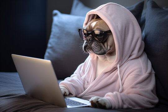 Cute French Bulldog Working on laptop wearing Glasses and a pajamas . The Pajama Powerhouse: Cute French Bulldog in Glasses and Pajamas Taking on Work.  Generative Ai 