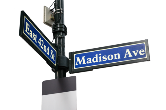 Madison Avenue and East 42nd Street steet signs in New York City. Transparent background.
