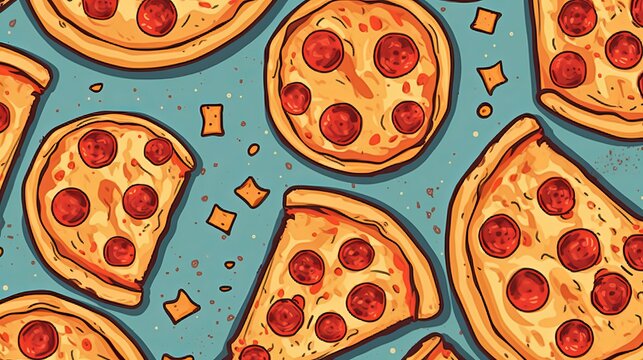 pizza with sausage and vegetables. street fast food, takeaway food banner with copy space. illustration poster with a place for signatures. Caloric nutrition