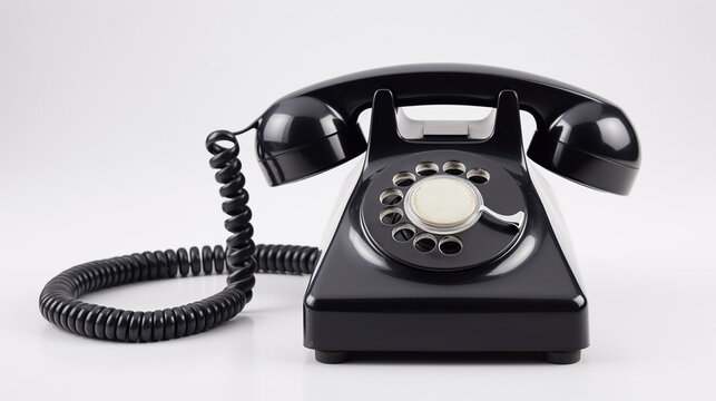 an old black telephone with rotary dial, isolated on white,  Created using generative AI tools.