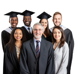 Portrait of graduated university students with teacher on graduation day. Isolated transparent background