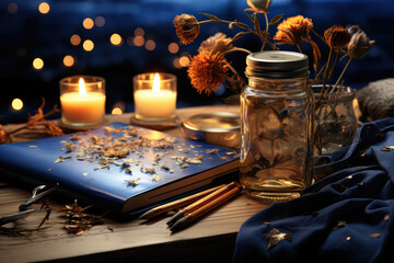 A concept associated with self-care, healing, dreams, the moon, or astrology is portrayed. It includes elements such as a dream journal, a scented soy wax candle burning. Generative Ai, Ai.