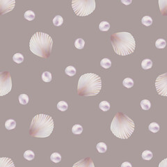 Watercolor seamless pattern with shells and pearls. Hand painting clipart underwater life objects on a white isolated background. For designers, decoration, 