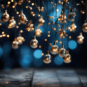 Conceptual image of holiday illumination and decorations with Christmas garland bokeh lights set against a dark blue backdrop. Generative Ai, Ai.