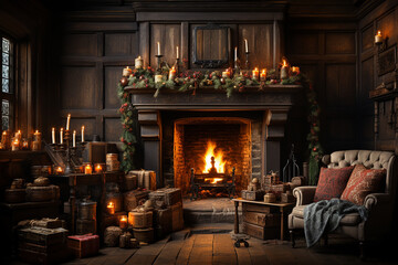 fireplace with burning candles during christmas ,holiday ai generative