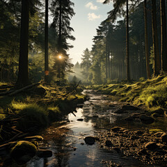 Obraz premium Forest panorama with sunlight filtering through the trees. Generative Ai, Ai.