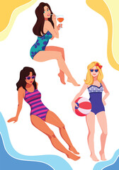 women in vintage swimsuit at the beach doing various leisure fun activities in the summer