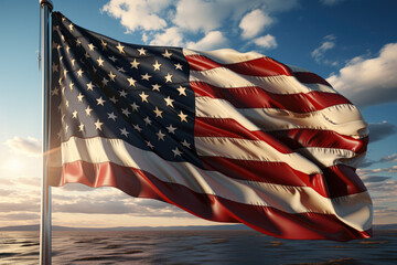 Dynamic representation of the USA flag blowing in the wind. Generative Ai, Ai.