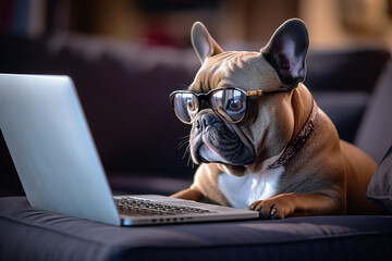  A French Bulldog with glasses working on a laptop.  The Tech-Savvy Frenchie: Cute French Bulldog Boss Working in Style, Generative Ai 