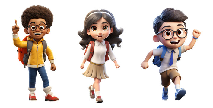 Set of multi ethnic primary school children going to school in the style of 3D cartoon characters. White transparent background