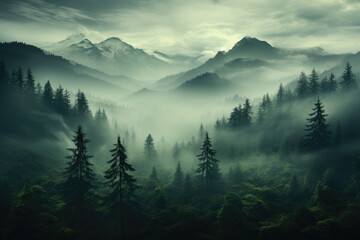 Obraz premium Misty landscape featuring a fir forest with a vintage retro hipster style. Generative Ai, Ai.