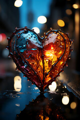 Heart shape, rainy window, wet street. AI generative