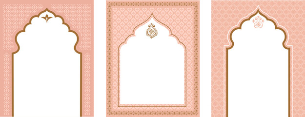 Indian and oriental frames, backgrounds, doors and arches. Wedding, event invitation templates collection