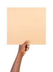 Man holding a blank rectangular piece of brown cardboard isolated on white or transparent background