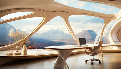 Fototapeta premium A beautiful futuristic work from home office with a fantastic view of the mountains. The minimal design is the modern workplace. WFH.