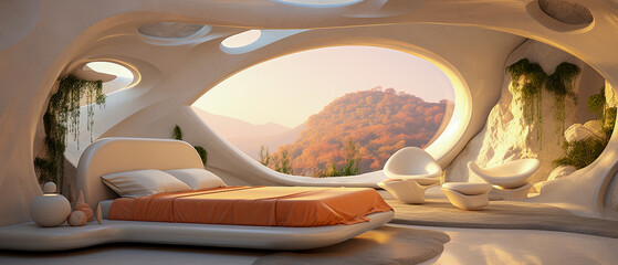 A futuristic hotel resort bedroom with beautiful architecture and interior design. The room has a view of the mountains. A lovely summer vacation spot.