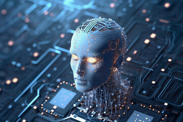 Generative AI image of robot technology network data processing with neon lights on blue background circuits while humanoid head connected with glowing eyes