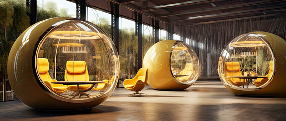Futuristic business rented workplace telecommuting pods with beautiful interior design. Connecting co-workers with online technology to reduce long commutes. - obrazy, fototapety, plakaty