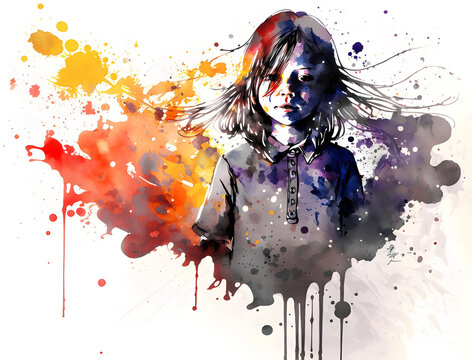 Isolated gifted girl alone, ink and watercolor art portrait, young person face with color paint splashes, beautiful profile of kid, mental health, creative emotion feelings, made with AI Generative