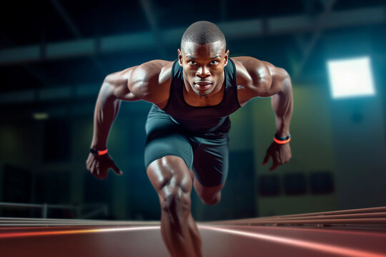Generative AI image of focused African American muscular male athlete in sportswear looking at camera while practicing running exercise in blurred place