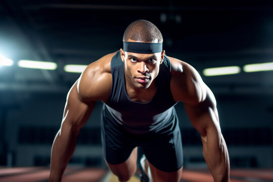 Generative AI image of focused African American muscular male athlete in sportswear looking at camera while practicing running exercise in blurred place
