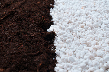 soil and Perlite for plants. neutral material of volcanic origin