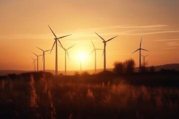 Fototapeta na wymiar wind turbines at sunset, Harnessing Nature's Energy: Captivating Close-Up Photographic Image of Sunlit Wind Turbines at Sunset, Embracing the Vibrant Hues of Dark Orange and Light Green