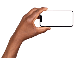 Hand holding smart phone with blank screen isolated on transparent or white background