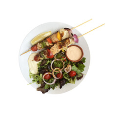 Seafood skewer with salad, sauce on plate top view, healthy grilled food ingredient close up, clipping path, Mediterranean diet concept for restaurant menu, poster, card