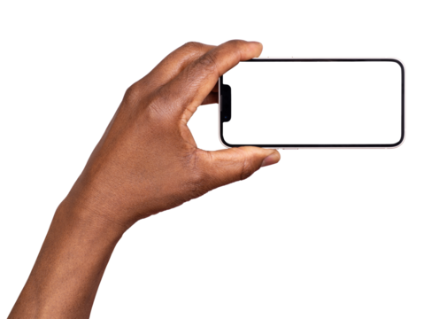 Hand holding smart phone with blank screen isolated on transparent or white background