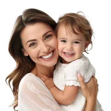 Portrait of happy mother embracing her baby girl over white transparent background