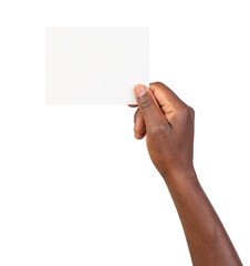 Man holding a blank white paper card isolated on white or transparent background