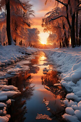 Stunning photography of a frozen forest. AI generative