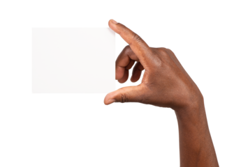 Man holding a blank white paper card isolated on white or transparent background