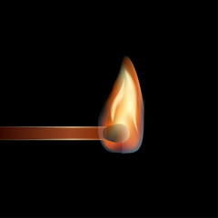 Fototapeta premium Burning match with flame on black background.Vector illustration