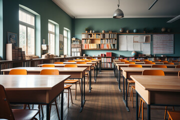 An empty classroom with many desks and bookshelves created with Generative AI technology