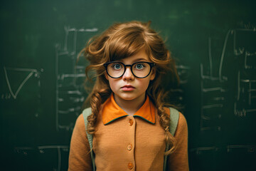 A young girl wearing glasses standing in front of a green chalkboard created with Generative AI technology
