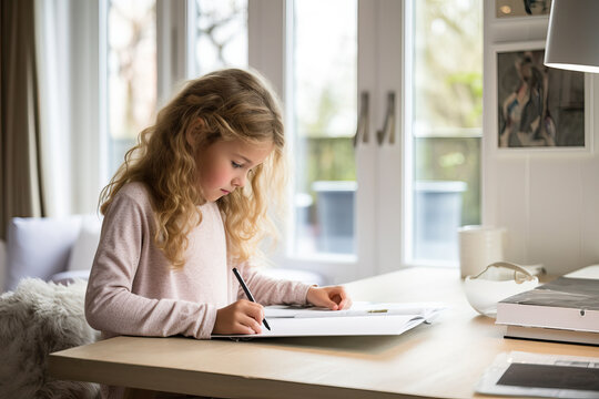 A little girl sitting at a desk writing on a piece of paper created with Generative AI technology