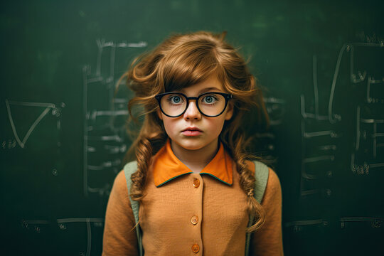 A young girl wearing glasses standing in front of a green chalkboard created with Generative AI technology