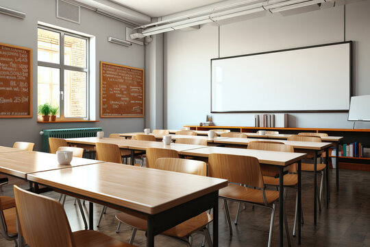 A classroom with desks and chairs and a projector screen created with Generative AI technology