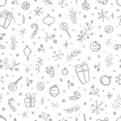 Vector seamless pattern with hand drawn elements, chalk texture. Cute design for Christmas wrappings, textile and backgrounds.