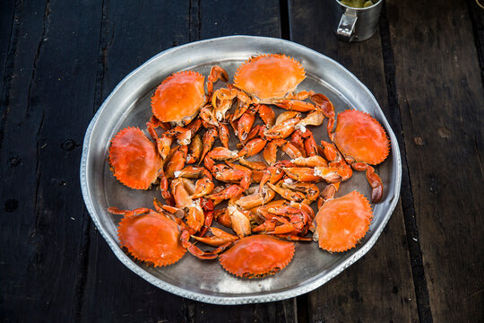 Delicious and yummy seafood placed on wooden table
